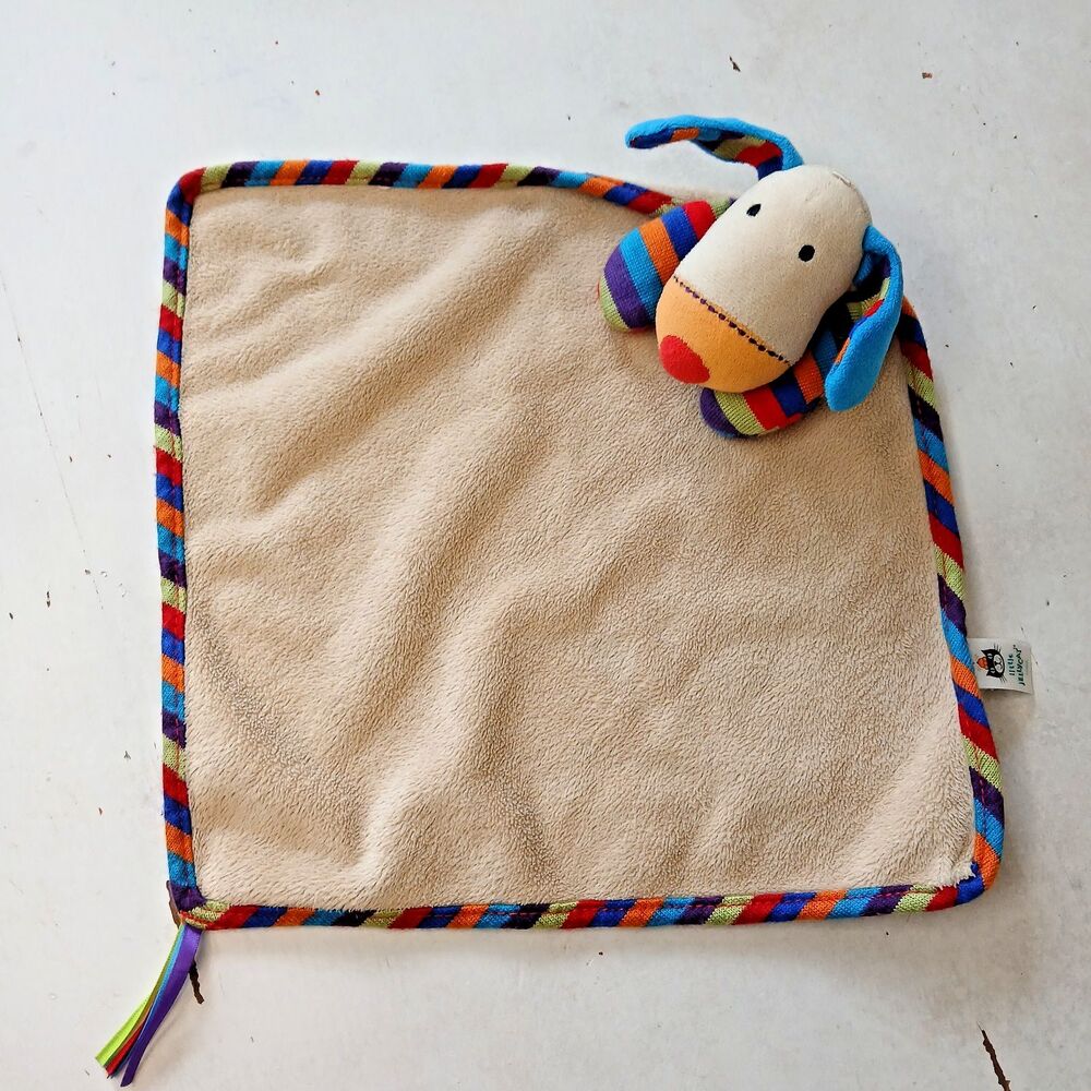 Little Jellycat Dog Lovey Tan Colorful Stripes  Blue Ears Embroidered Face